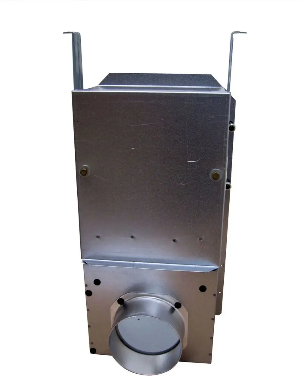 Bosch-Luftverteiler mit runder Auslassöffnung, gefertigt aus Metall, mit Montagehaltern an der Oberseite und Befestigungslöchern auf der Vorderseite.